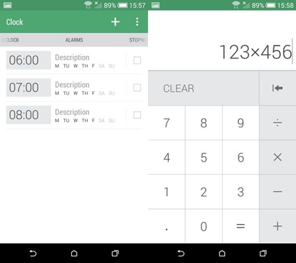 Ứng dụng Alarms (đồng hồ) và Calculator (máy tính)