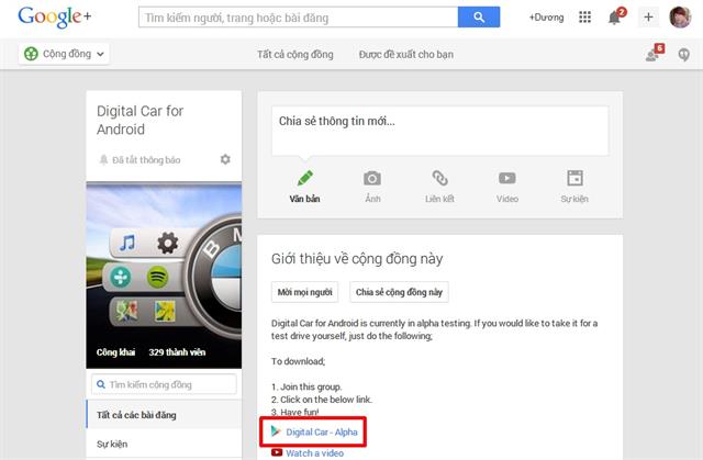 Truy cập Fanpage “Digital Car for Android” bằng trình duyệt trên máy tính