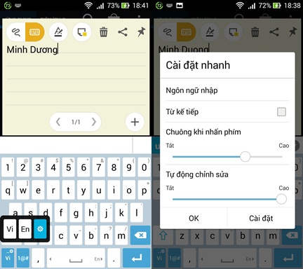 Cách tinh chỉnh âm bàn phím phù hợp: nhấn giữ biểu tượng bánh răng (Vi, En) dưới góc trái bàn phím > tiếp tục vuốt chọn biểu tượng bánh răng > kéo thả thanh “Chuông khi nhấn phím” > Ok