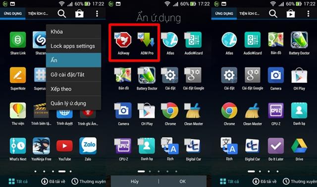 Cách ẩn ứng dụng: chạm vào biểu tượng 3 chấm > Ẩn > tick chọn ứng dụng muốn ẩn, rồi bấm Ok