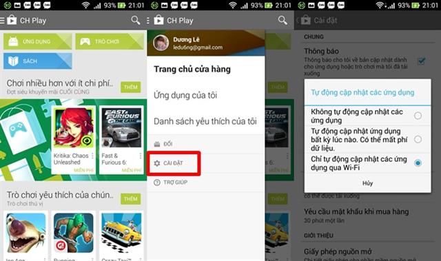 Tự động cập nhật ứng dụng, game khi có phiên bản mới trên Google Play Store: truy cập vào Google Play Store > Cài đặt (vuốt màn hình từ trái sang) > tick chọn tự động cập nhật ứng dụng (có 3 tùy chọn thiết lập)
