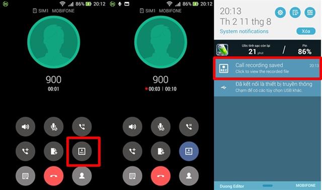 Ghi âm cuộc gọi: bấm vào biểu tượng REC > kéo thanh notifications xuống để nghe lại đoạn ghi âm