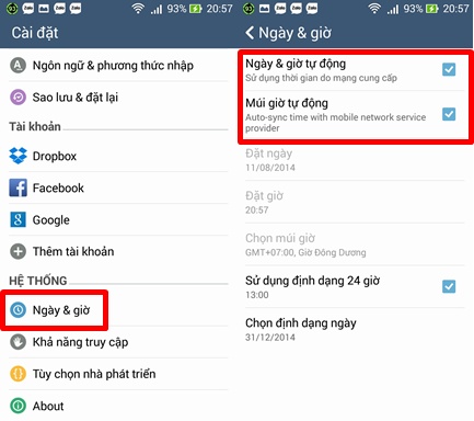 Khắc phục tình trạng lệch giờ: Cài đặt hệ thống > Ngày & Giờ > tick chọn 2 dòng: “Ngày & giờ tự động” và “Múi giờ tự động”