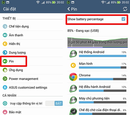 Cách hiển thị phần trăm pin: vào Cài đặt hệ thống > Pin > tick chọn “Show battery percentage”