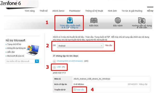 Chuyển qua tab “Trình điều khiển thiết bị & các công cụ > Chọn OS là Android > chọn dòng USB > bấm vào “Toàn cầu” để tải Intel USB driver for Android về cài đặt
