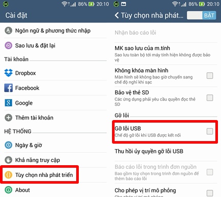 Không kết nối được với máy tính qua cổng USB: Cài đặt hệ thống > Tùy chọn nhà phát triển > tick bỏ chọn “Gỡ lỗi USB”