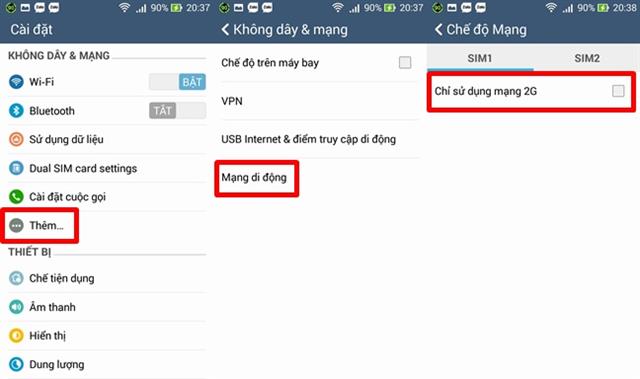 Kích hoạt chế độ mạng 3G: Cài đặt hệ thống > Thêm > Mạng di động > Chế độ mạng > tick bỏ chọn “chỉ sử dụng mạng 2G”