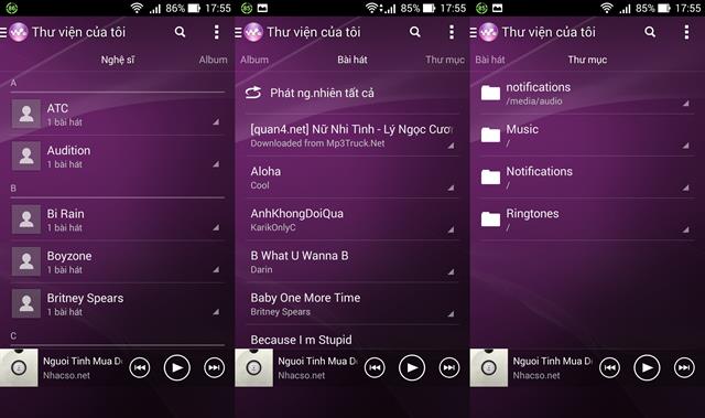 Vuốt trái, phải để truy cập nhanh các chuyên mục nhạc khác nhau