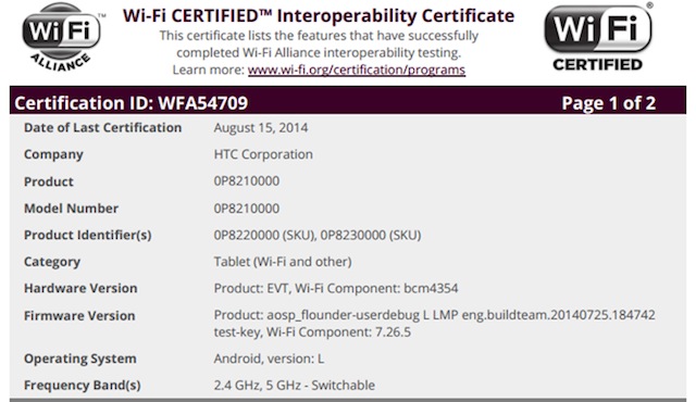 Giấy chứng nhận của HTC Volantis