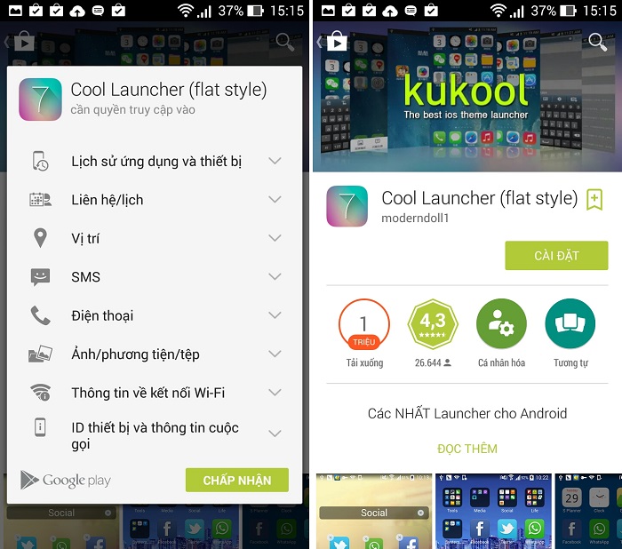 Tìm kiếm và cài đặt Cool Launcher trong Google Play Store