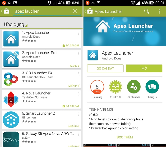 Cài đặt Apex Launcher từ CH Play