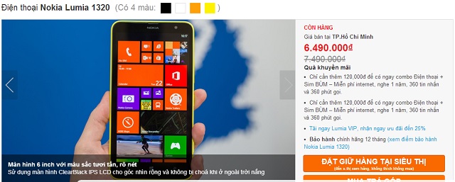 Giá bán hiện tại của Lumia 1320