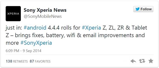 Thông tin xác nhận cập nhật được Sony Mobile đăng tải trên Twitter