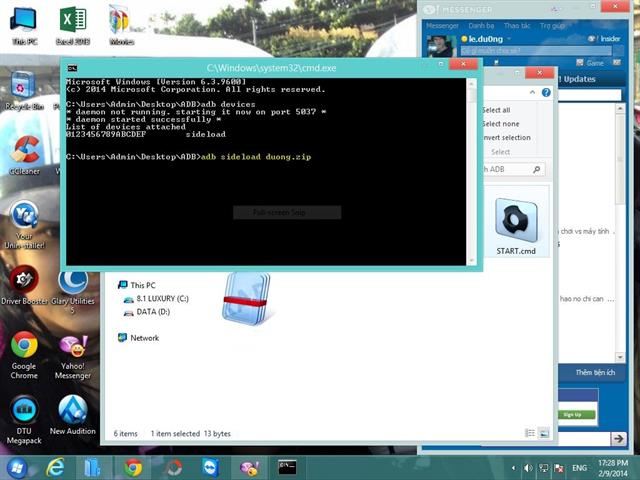 Chạy dòng lệnh: adb sideload duong.zip