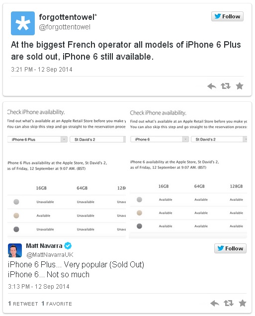 Người dùng thông báo rằng iPhone 6 Plus chỉ còn bản 16GB ngay khi họ vào lần đầu, ngay sau đó phiên bản này cũng nhanh chóng được thông báo cháy hàng