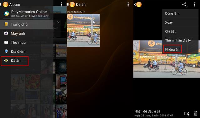 Từ giao diện chính của Album, bạn vuốt viền màn hình từ trái sang sẽ thấy thanh sidebar chứa mục Đã ẩn hình ảnh