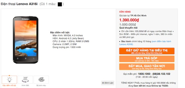 Lenovo A316i giảm giá chỉ còn 1.39 triệu VND