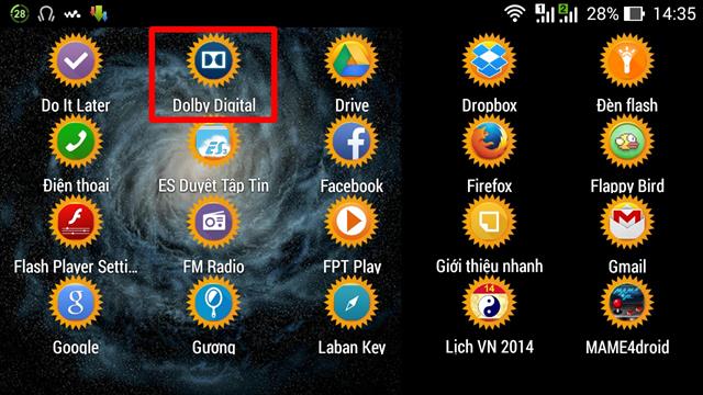 Biểu tượng âm thanh Dolby Digital ở ngoài ngăn kéo ứng dụng