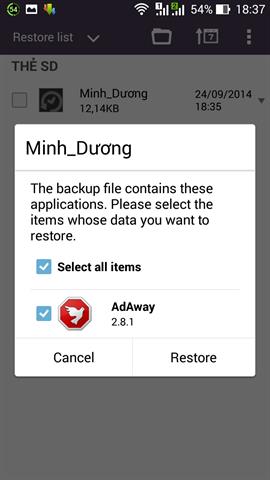 Bấm vào ô Restore để khôi phục ứng dụng/ dữ liệu đã sao lưu trước đó