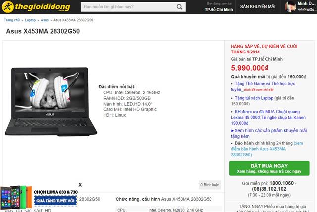 Asus X453MA chuẩn bị lên kệ thegioididong với giá xấp xỉ 6 triệu đồng