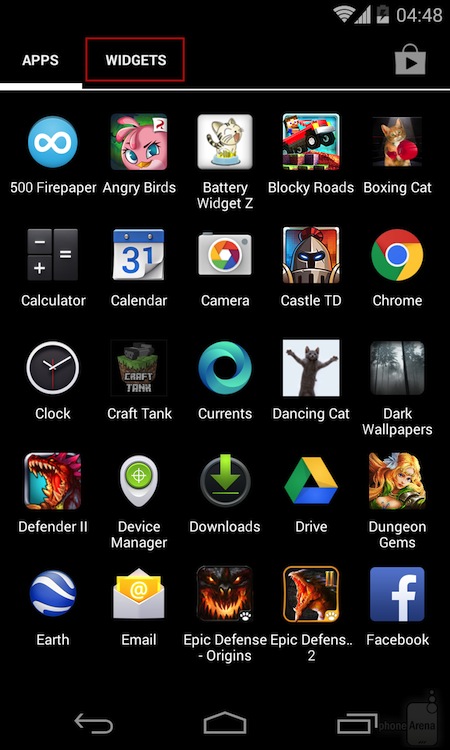 Bấm sang mục Widget