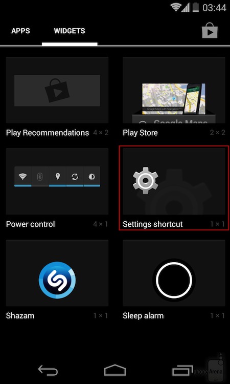 Tìm đến phần widget Settings shortcut