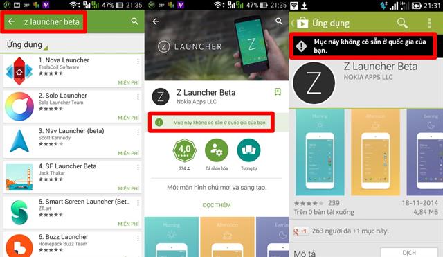 Dù cho bạn tìm được đường dẫn đến mục Z Launcher Beta, nhưng Nokia vẫn giới hạn quyền tải của bạn tại Việt Nam