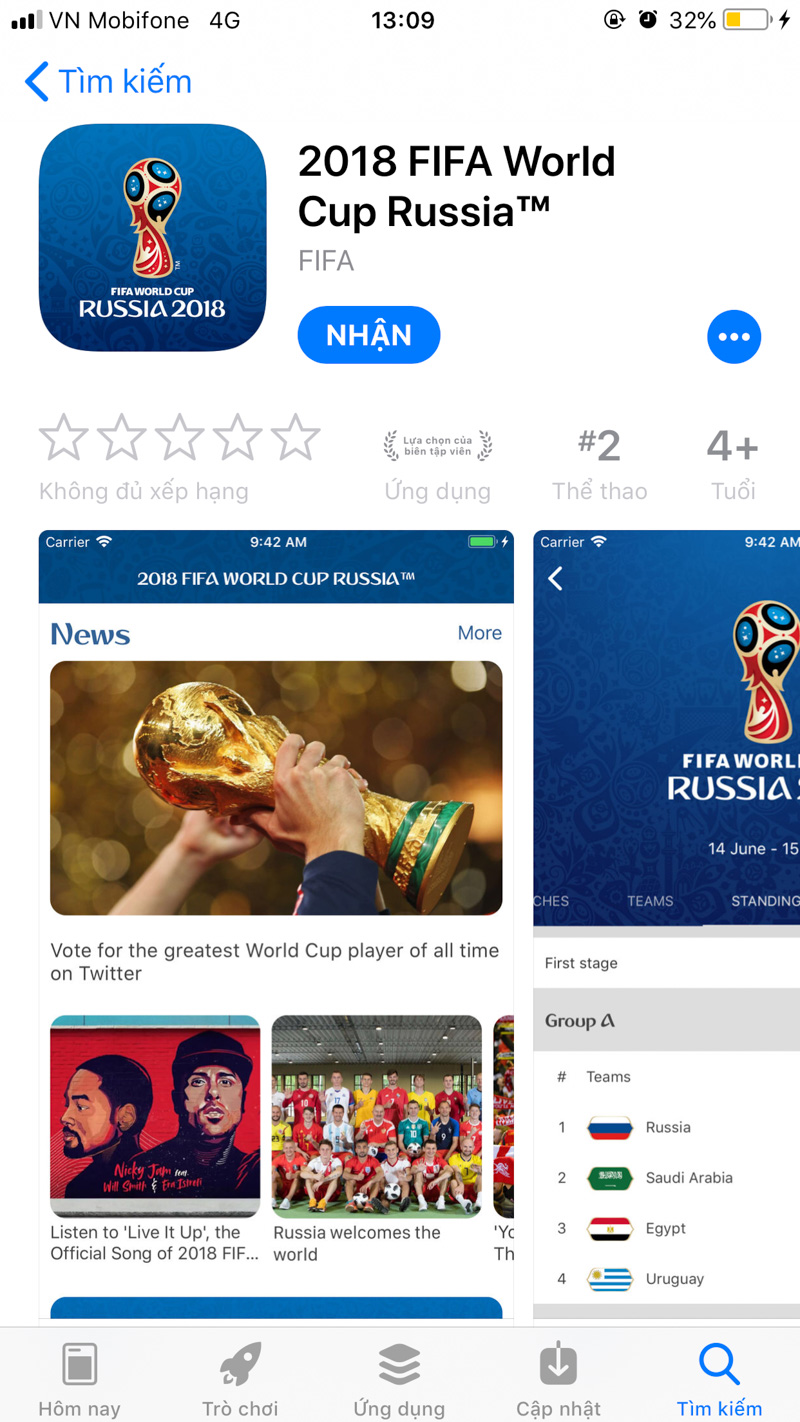 Cách theo dõi thông tin World Cup 2018 bằng ứng dụng chính chủ