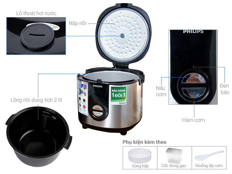 Nồi cơm nắp gài Philips HD3128/66 Bạc