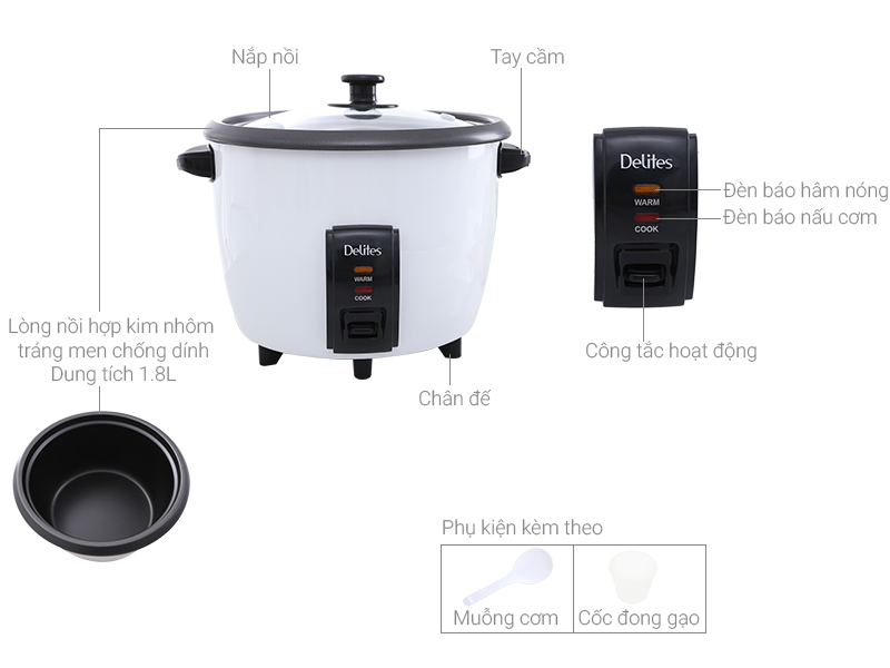 Nồi cơm nắp rời Delites NCR1801 1.8 lít