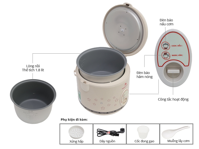 Nồi cơm điện nắp gài Happycook 1.8 lít HC-180