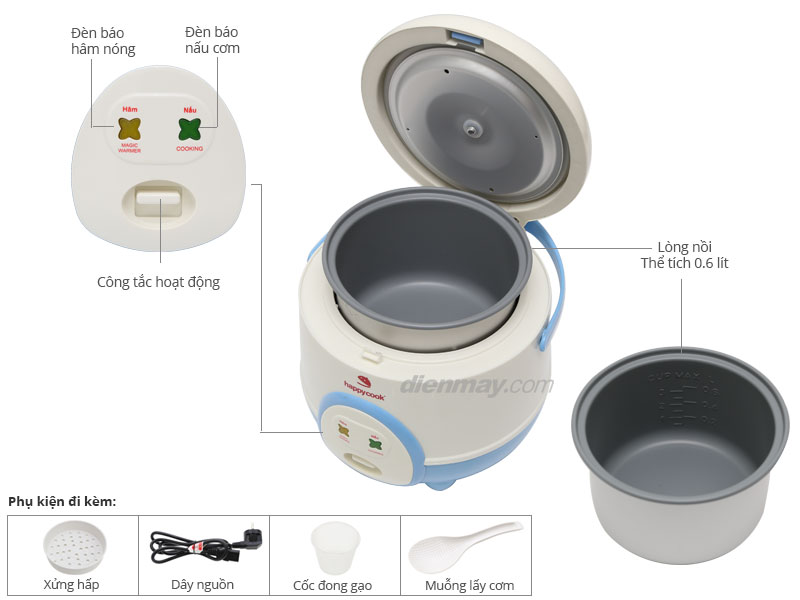 Nồi cơm điện nắp gài Happycook 0.6 lít HC-60