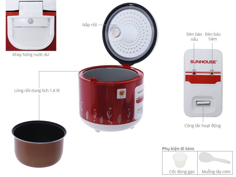 Nồi cơm điện nắp gài Sunhouse 1.8 lít SHD 8614