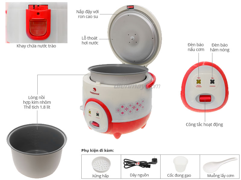 Nồi cơm nắp gài Happycook HC-180A Đỏ