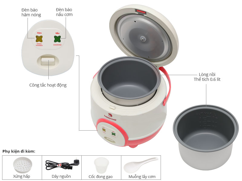 Nồi cơm nắp gài Happycook HC-60 Đỏ