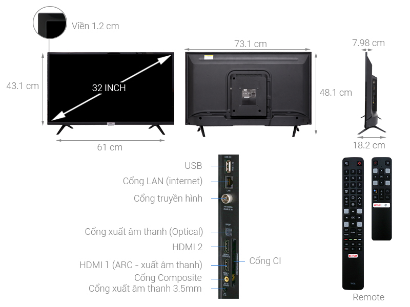 Thông số kỹ thuật Android Tivi TCL 32 inch 32S6500