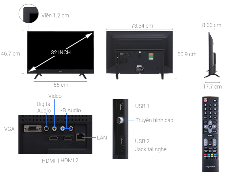 Thông số kỹ thuật Smart Tivi Skyworth 32 inch 32S3A