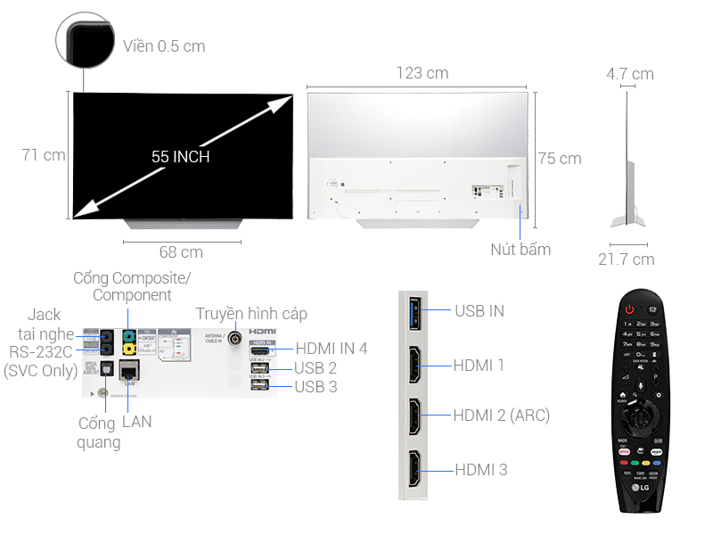 Thông số kỹ thuật Smart Tivi OLED LG 4K 55 inch 55C7T