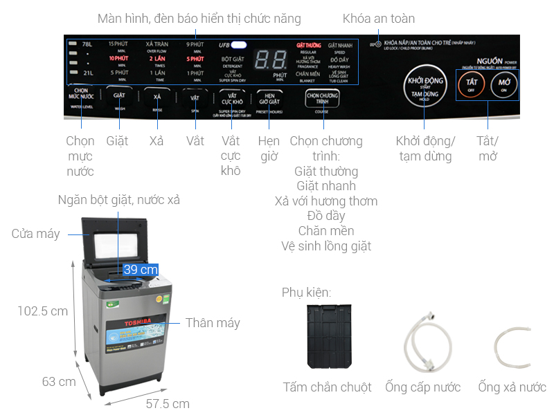 Thông số kỹ thuật Máy giặt Toshiba Inverter 9.5 Kg AW-UH1050GV DS