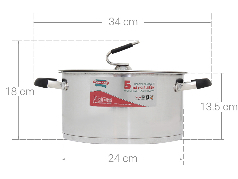 Nồi inox 5 đáy nắp kính 24 cm Sunhouse SHG24324