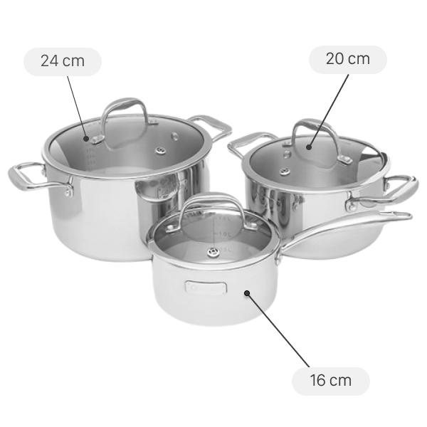 So sánh giá bộ 3 cái nồi quánh inox 3 đáy nắp kính Elmich Trimax XS EL-3743