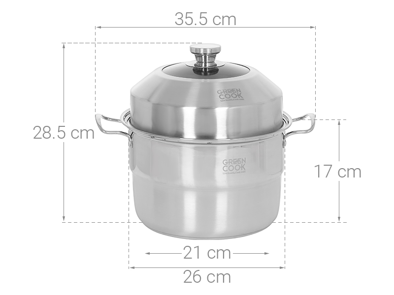 Nồi xửng hấp inox nắp inox 26 cm Green Cook GCST01-26IH
