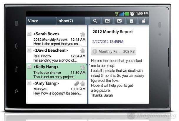 LG Optimus VU giao diện email Giao diện email trên LG Optimus VU