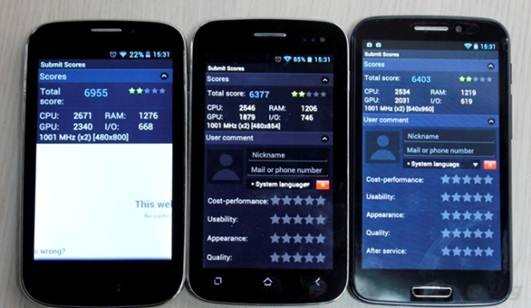 Điểm Benchmark ấn tượng của MobiiStar Touch Lai 502 so với RevoMax (ngoài cùng bên phải) và Miracle Pad (giữa)