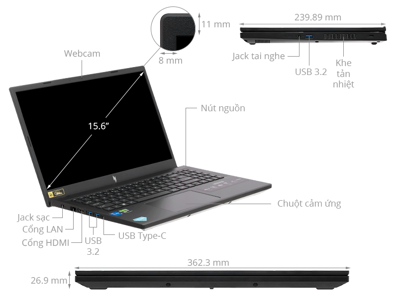 Acer Gaming Nitro V ANV15 51 58AN - NH.QNASV.001 (i5 13420H, 8GB, 512GB , RTX 2050 4GB, Full HD 144Hz, Win11)