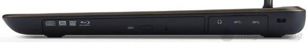 Cạnh phải của máy  gồm ổ đĩa quang, jack âm thanh 3.5li và 2 cổng USB, khe khóa kensington.