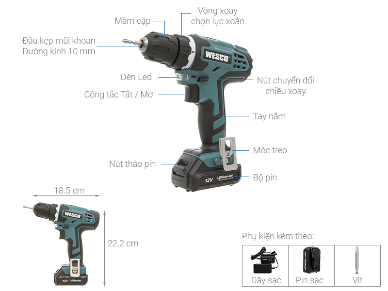 Máy khoan pin Wesco WS2533K2 12V