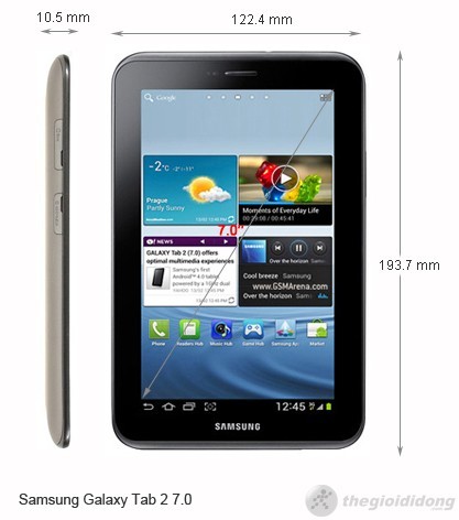 Kích thước Samsung Galaxy Tab 2 7.0
