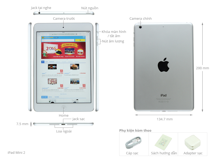 Thông số kỹ thuật Máy tính bảng iPad Mini 2 Retina 16G/Wifi