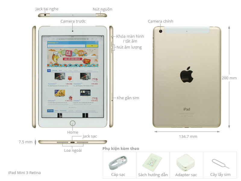 Thông số kỹ thuật Máy tính bảng iPad Mini 3 Retina Cellular 16GB